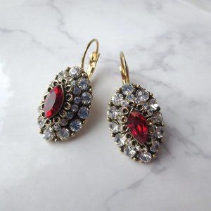 Vintage Look Faux Gold Ruby and Diamanté Sleeper Earrings